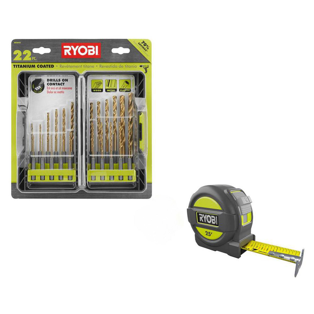 Titanium Drill Bit Kit (22-Piece) with Bonus 25 FT. Tape Measure